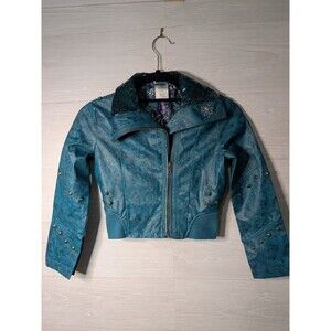 Disney DESCENDANTS Uma Jacket Girls 7/8 Teal Faux Leather Sequins Studs RARE EUC